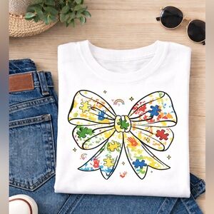 Autism Colorful Puzzle Piece Bow Graphic T-Shirt Made To Order Kids-Adult XL